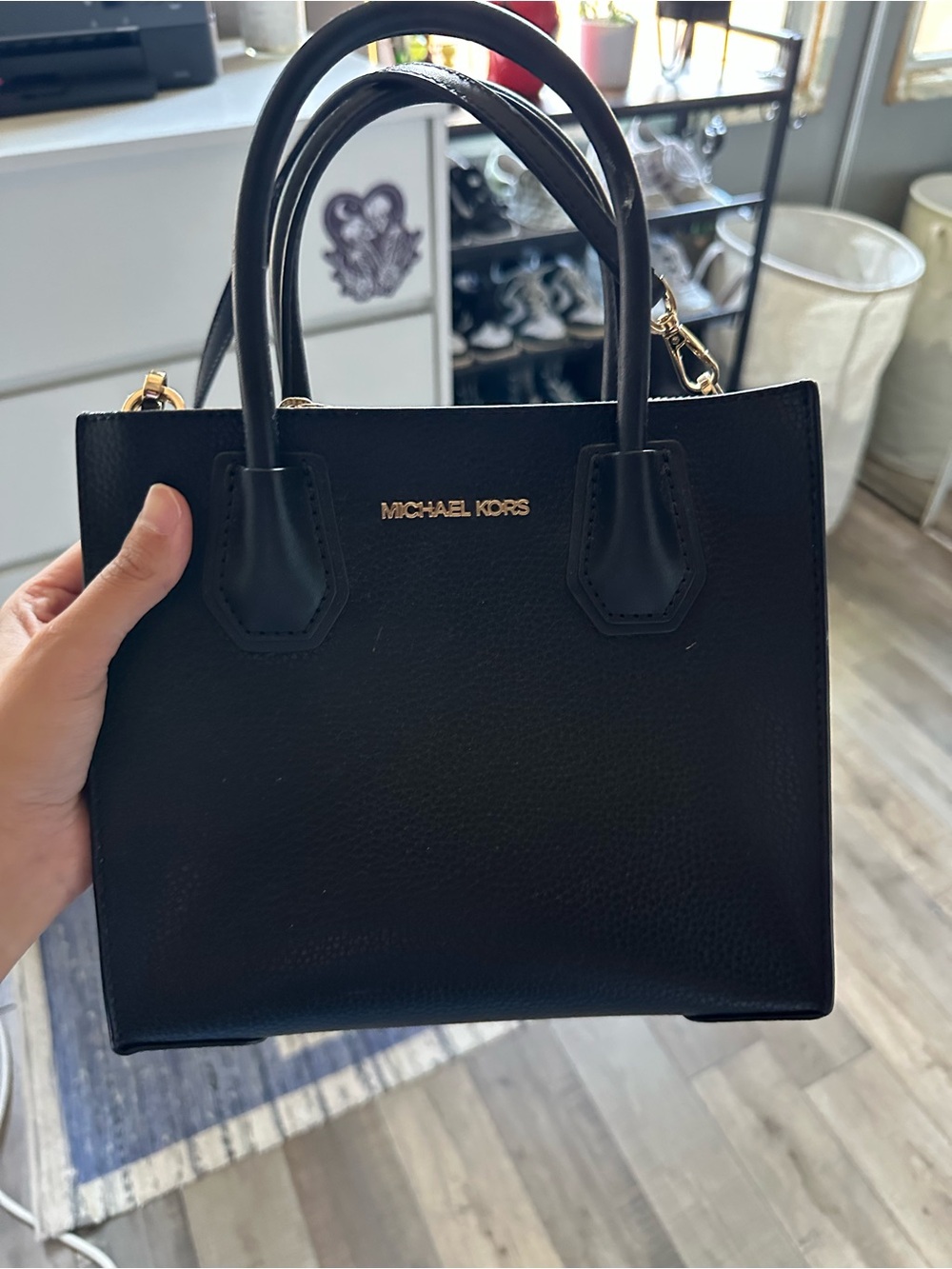 Michael Kors Black Leather Mini Tote with Gold Hardware